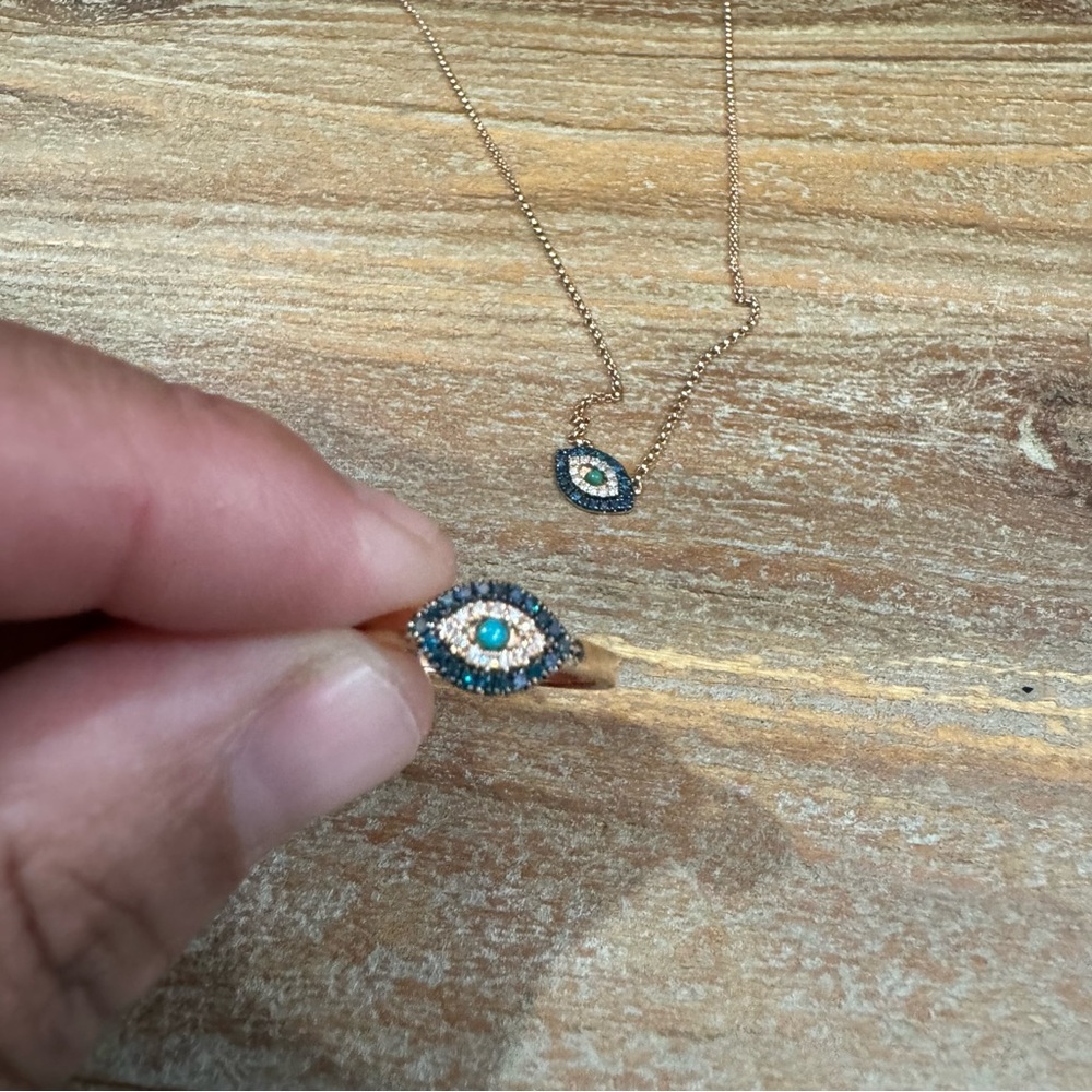 14k Rose Gold Diamond, Sapphire, and Turquoise Evil Eye Necklace and Ring Set